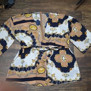 Boohoo Elegant Chain Print Blouse - Black, White, Tan